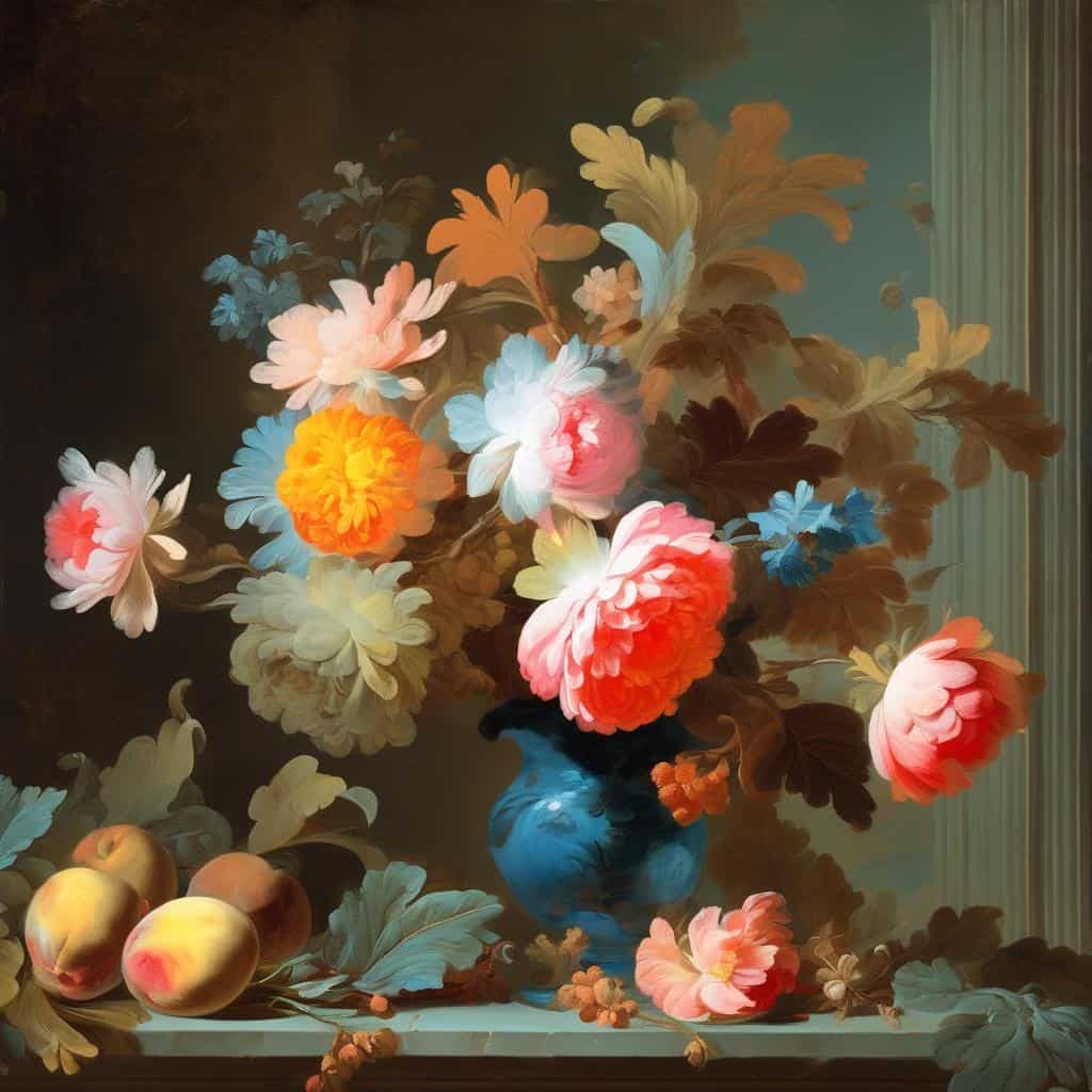 Λευκά, ροζ, και πορτοκαλί λουλούδια σε μπλε βάζο, σε μαύρο και διακριτικό φόντο, σε ανθογραφία αντίθεσης και έκφρασης.