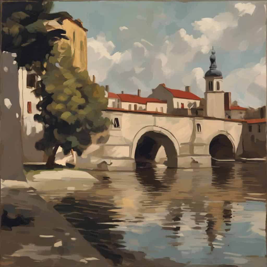 παραδοσιακή τέχνη ασπρόμαυρη, αντίθεση και έκφραση, ζωγραφική σε καμβά, ιστορικό γεφυριό, αρχιτεκτονική και τοπίο, καλλιτεχνική δημιουργία ασπρόμαυρης τέχνης.