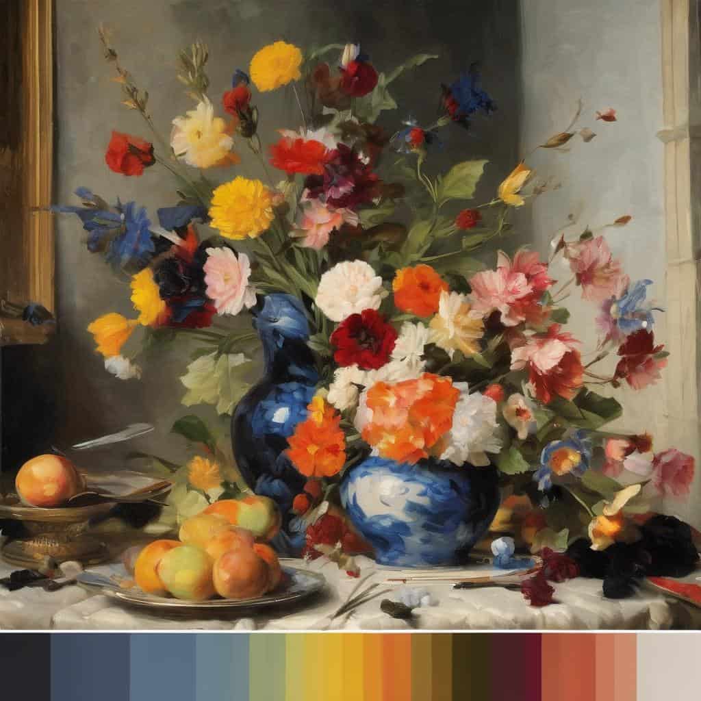 Ασπρόμαυρη τέχνη, αντίθεση και έκφραση σε πίνακα με πολύχρωμα λουλούδια και φρουτά σε διακοσμητικό στυλ.