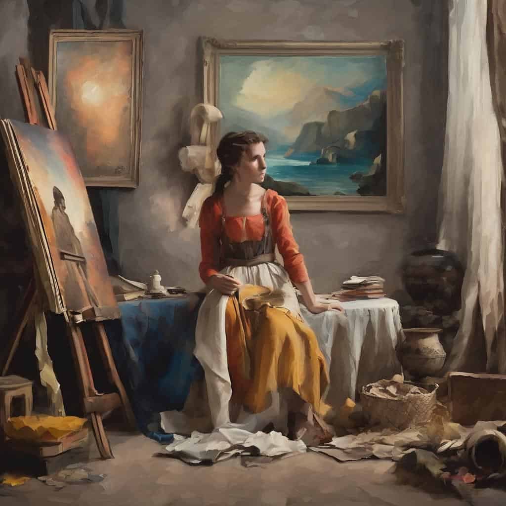 Απρόσμενη γυναικεία μορφή σε στούντιο ζωγραφικής με έργα τέχνης και καμβάδες, σε ατμόσφαιρα αντίθεσης και έκφρασης.