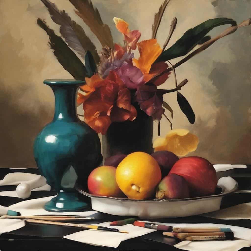 Ζωντανά φρούτα και λουλούδια σε ασπρόμαυρη τέχνη, αντίθεση και έκφραση σε Still Life composition.